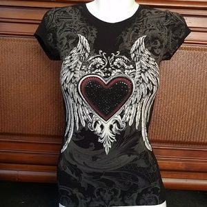 Bedazzled Winged Heart Design Tee